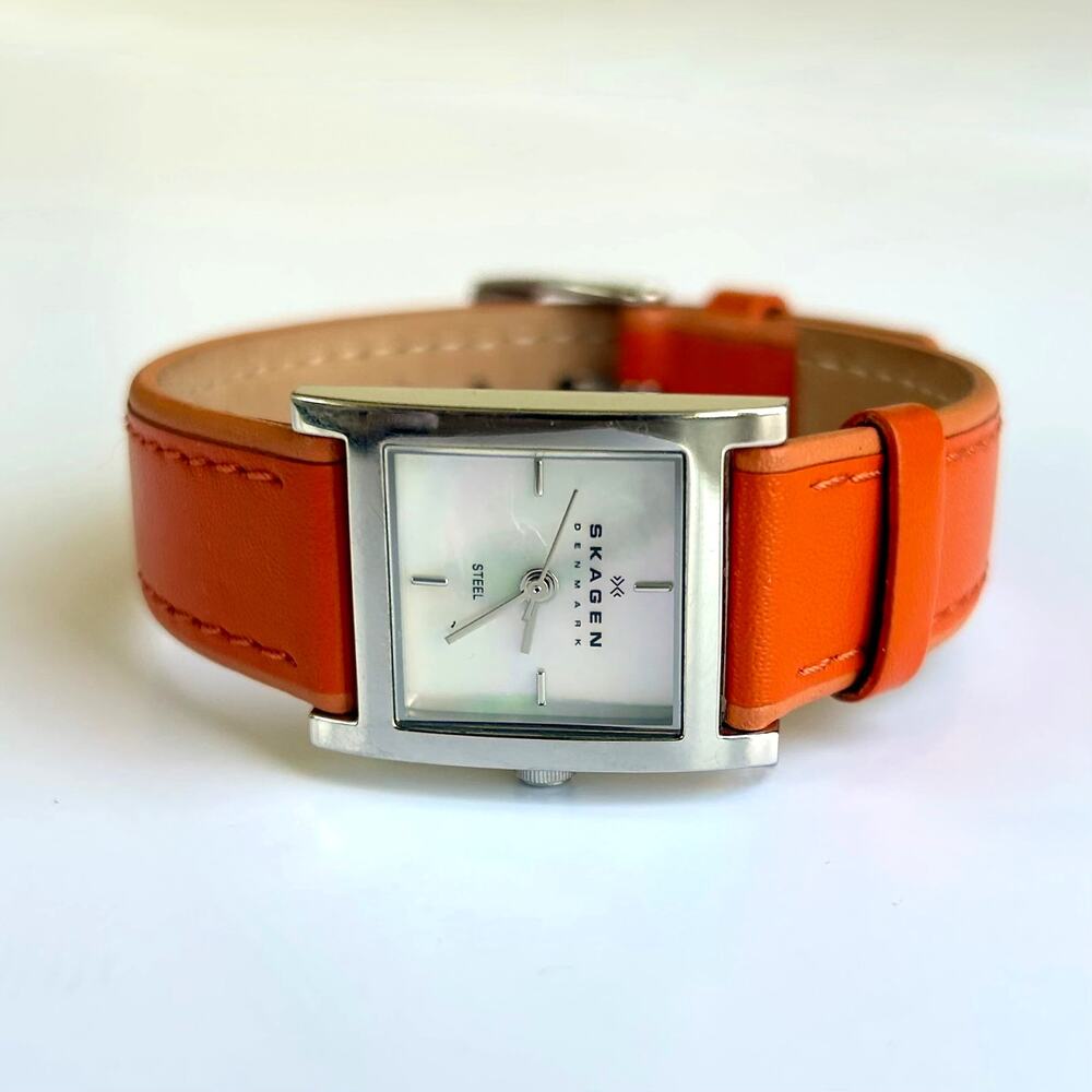 Skagen Denmark Square Watch Mother of Pearl Orange Leather Strap 2000s Vintage - Picture 2 of 14